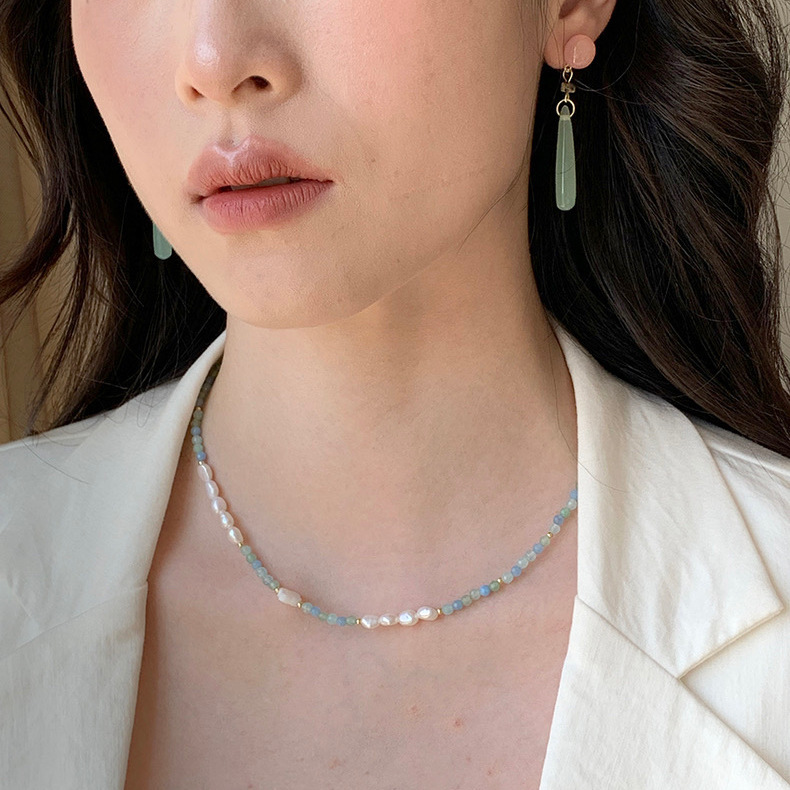 海蓝宝天然石贝母幸运草项链气质淡水珍珠贝壳蓝绿串珠小清新项链详情5