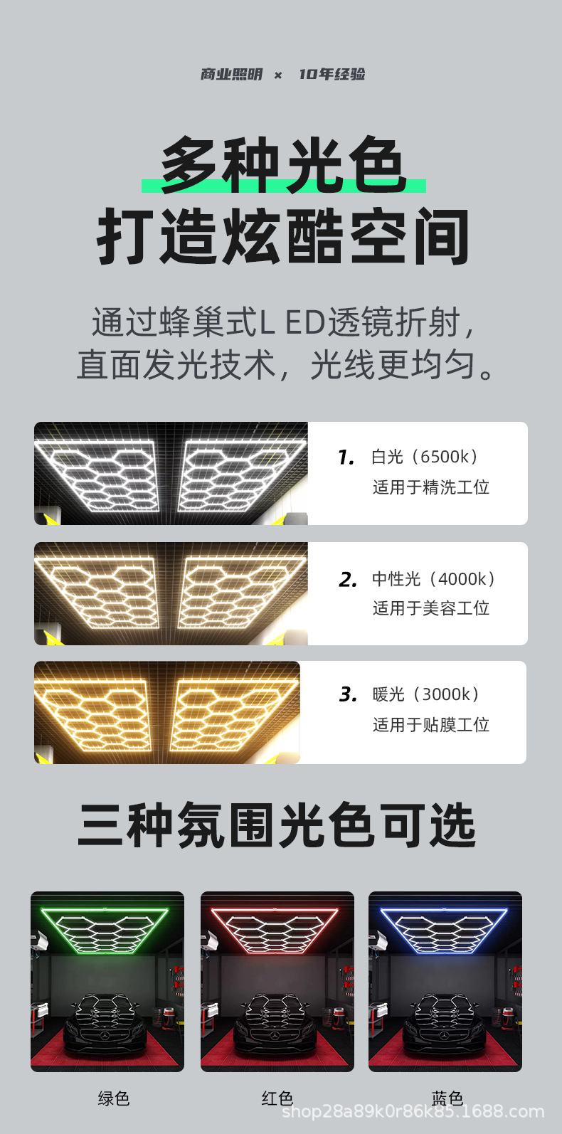 跨境洗车房工位灯汽车美容蜂窝灯4S店led机修车间吊顶日光洗车灯详情7