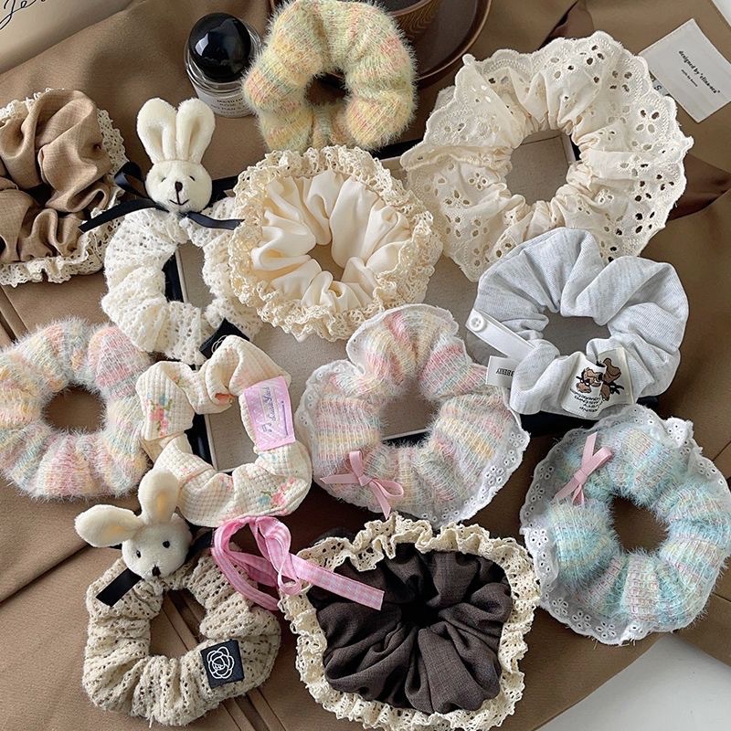 新款秋冬毛绒猪大肠发圈高级感甜美头绳彩虹毛线发圈蝴蝶结发饰女详情1