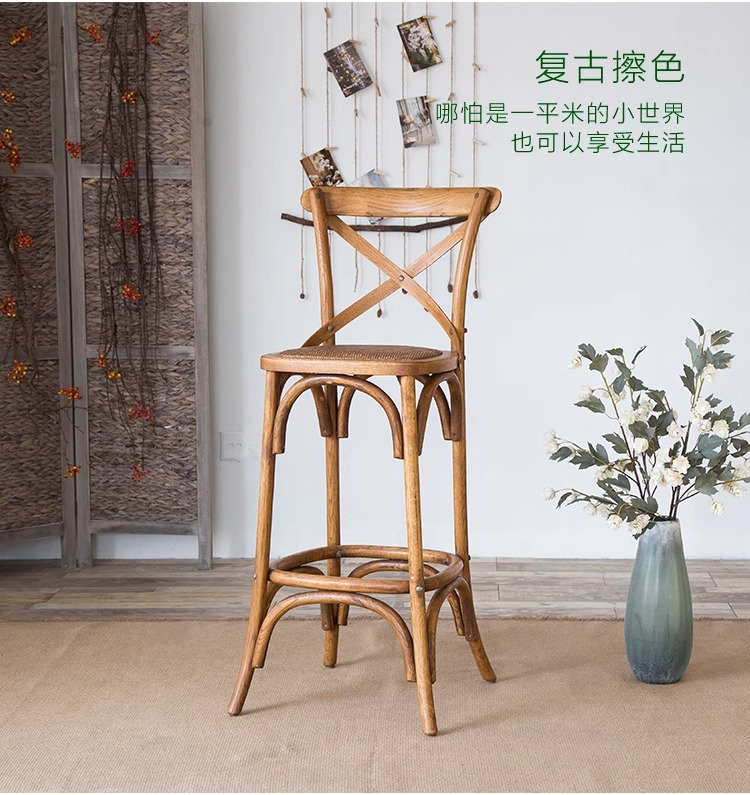 American retro trendy coffee shop solid wood chairs, simple tavern light luxury home bar chairs, high-legged backrest high bar stools pic 13