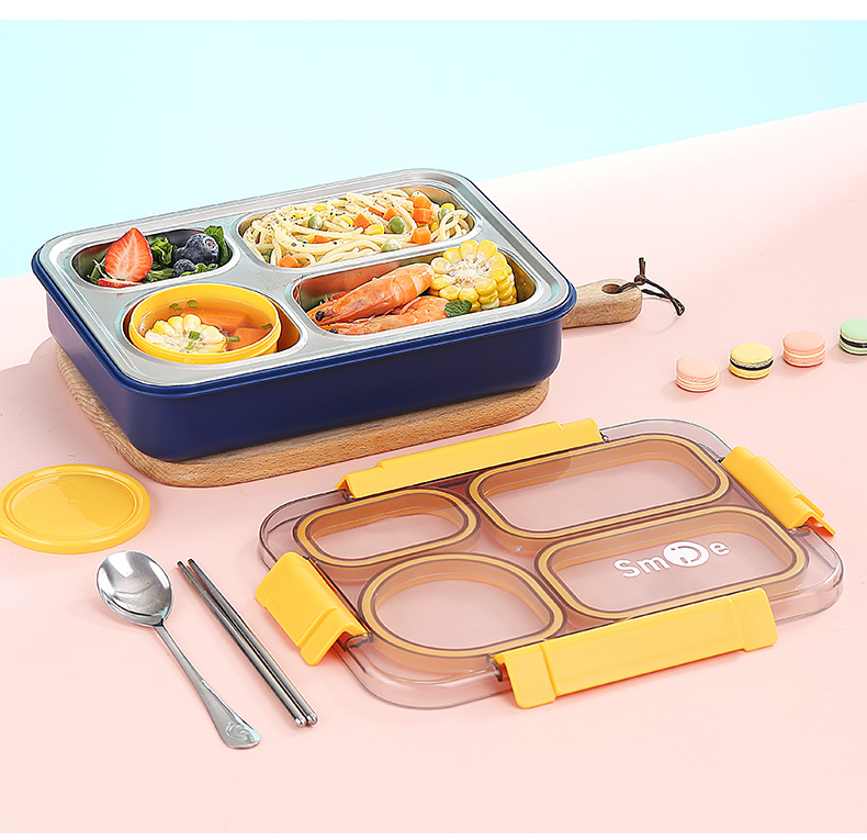 Cross-border best-selling independent sealed stainless steel 4-compartment lunch box with bowl, no cross-flavor student white-collar lunch box pic 14