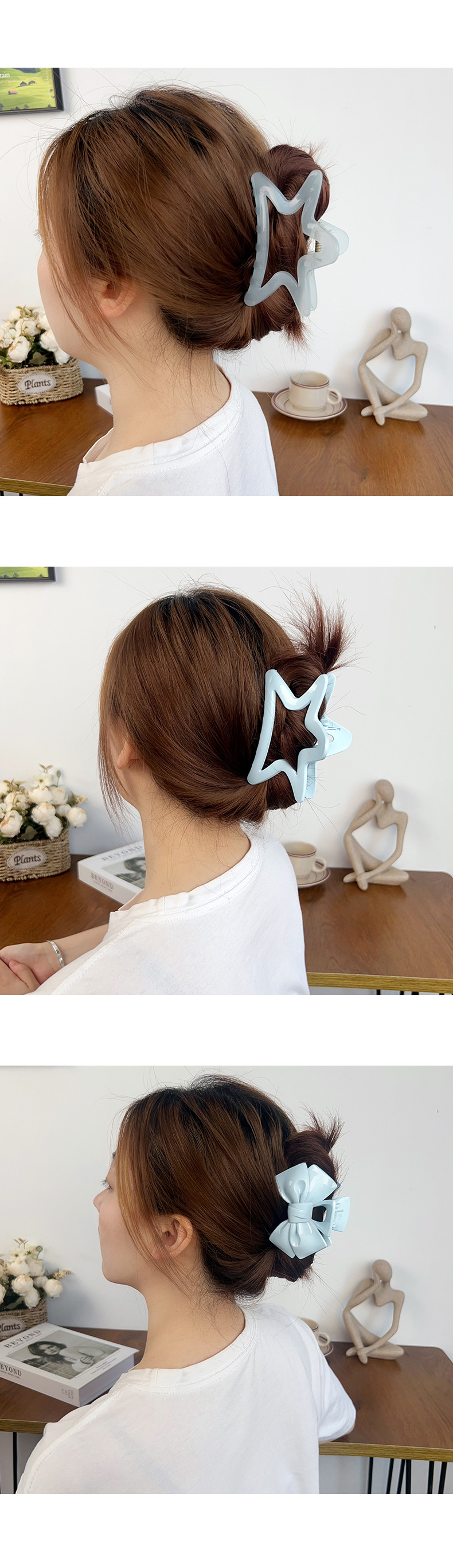 The ice-clear mint blue grab clip is super ethereal and sweet for a girl. The bow, five-pointed star shark clip, and cream blue hair accessory for a girl pic 6