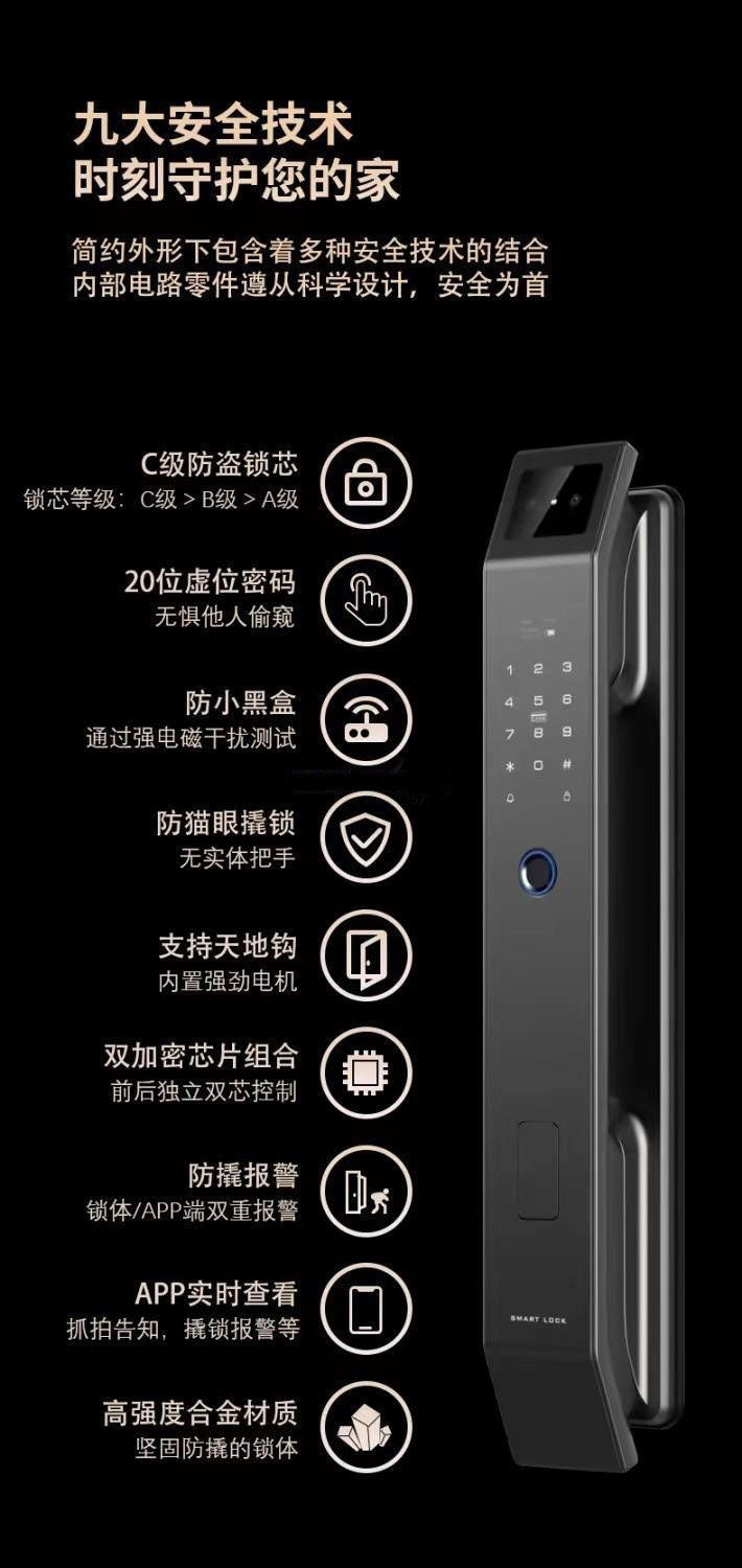 The black smart door lock features a 3D facial recognition screen, a digital keyboard, a handle and a lock tongue structure pic 5