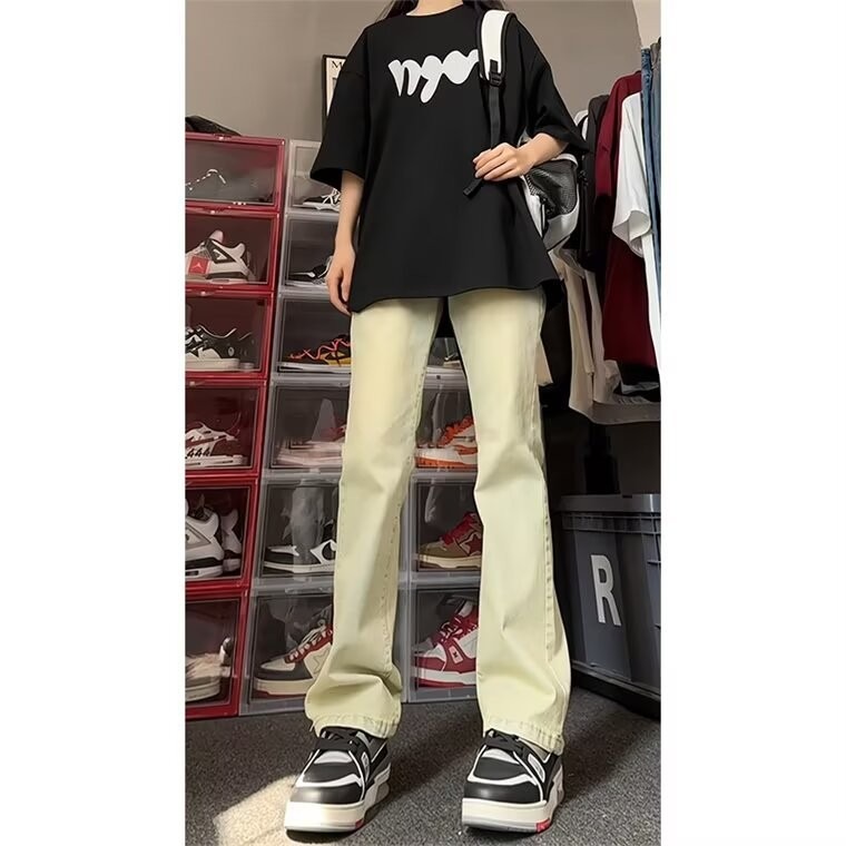 美式复古裤子高街水洗黄泥色牛仔裤男女款夏季高腰直筒修身微喇裤详情7