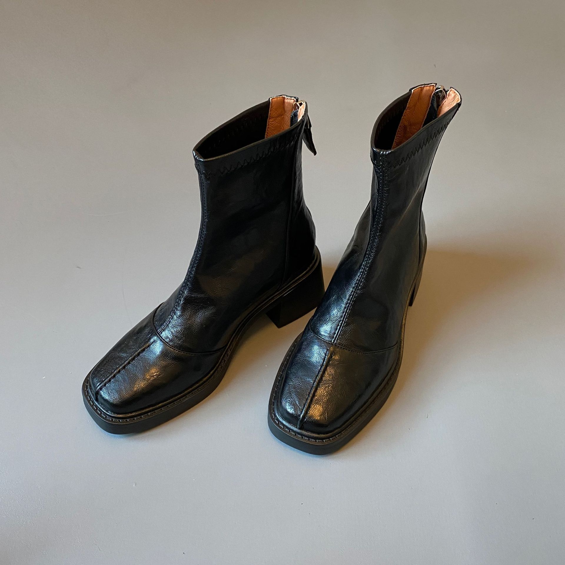 【现货】高跟方头短靴马丁靴春秋季单靴后拉链短靴女士粗跟靴子详情12