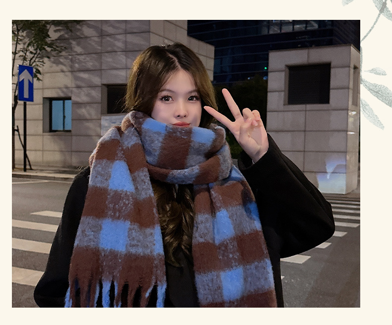 时尚韩版格子仿羊绒围巾冬季保暖加厚撞色彩色学生情侣围脖长巾详情12
