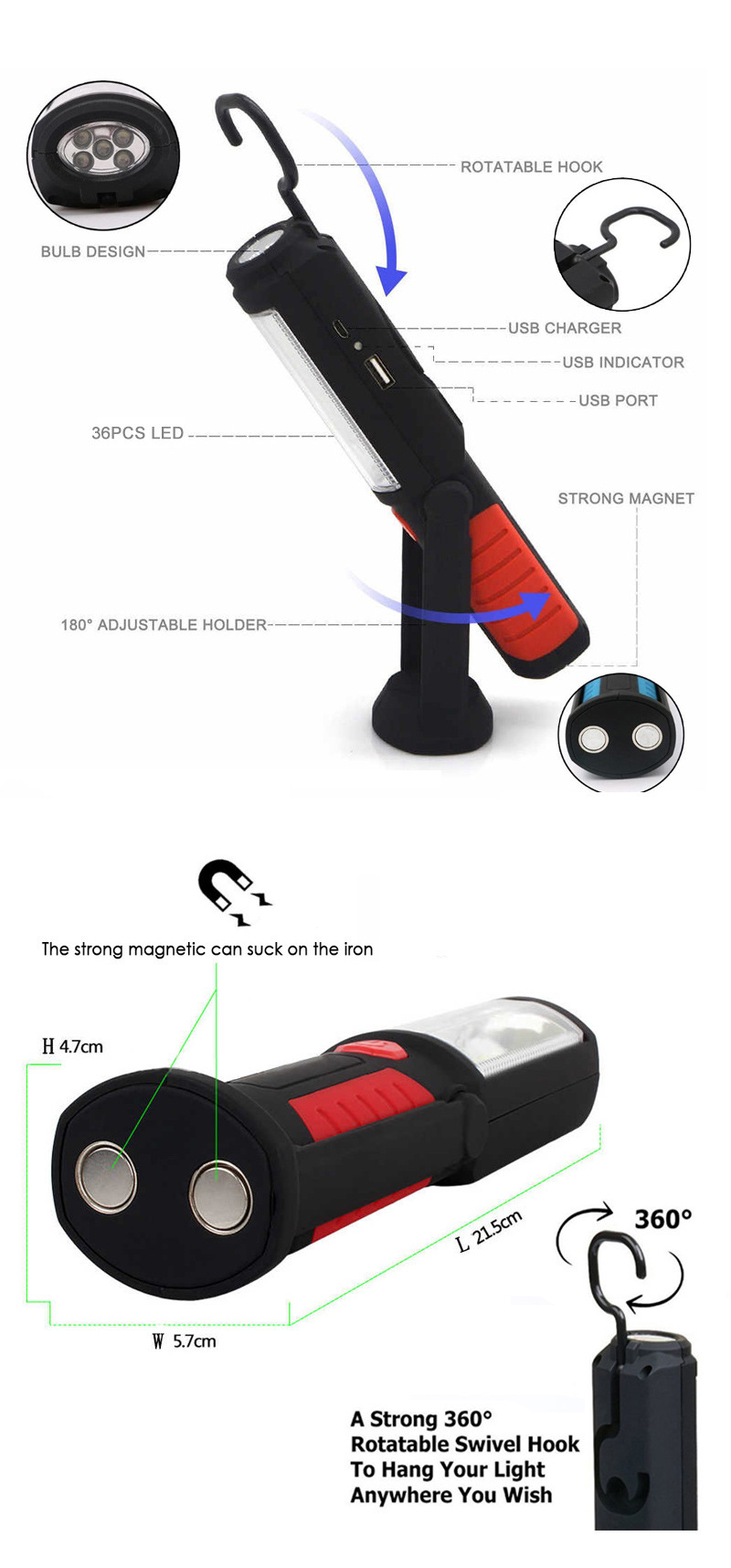 36+5LED emergency work light, USB charging work light with magnetic bracket, car maintenance light, inspection light, flashlight pic 3