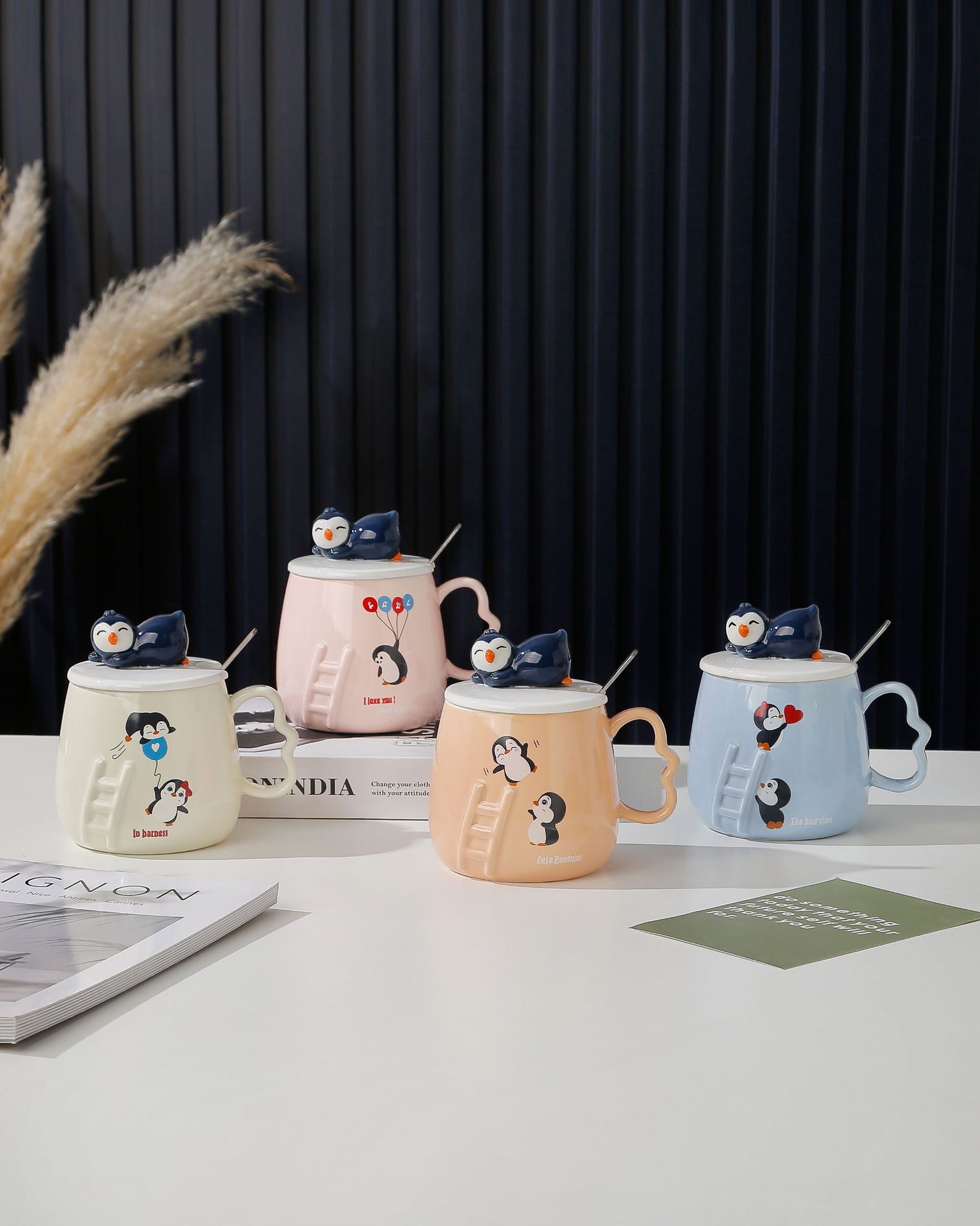 Ceramic cup with lid, creative cartoon three-dimensional relief penguin mug, office home, student gift and souvenir pic 2