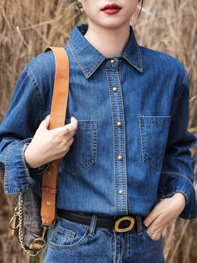 牛仔衬衫女2024春秋新款百搭蓝色韩版时尚休闲宽松翻领大码衬衣详情10