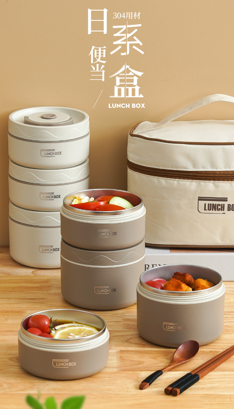 Cross-border best-selling 304 stainless steel insulated lunch box, round student portable lunch box, microwave-safe double-layer bento box pic 2