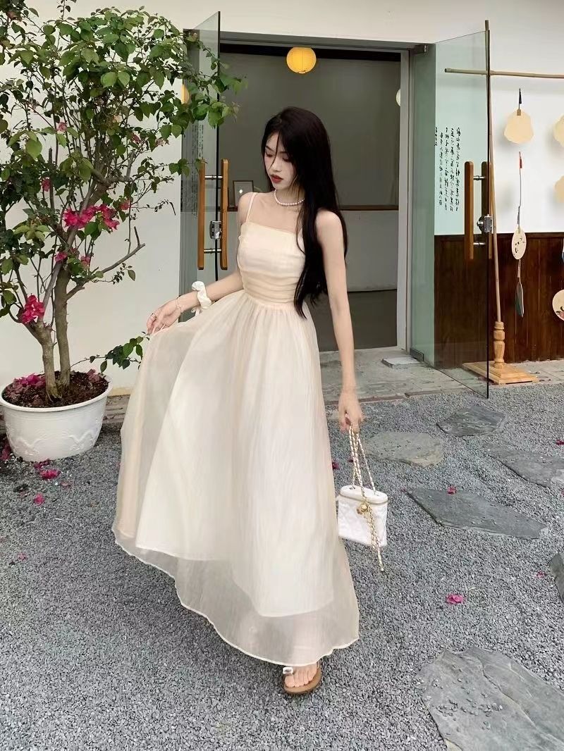 女装法式白色吊带长裙夏新款2024气质收腰显瘦纯色礼服超仙连衣裙详情13