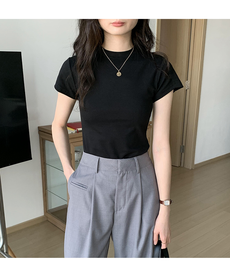 美式纯色正肩短袖t恤女2025ins潮牌辣妹圆领叠穿打底体恤修身显瘦详情34