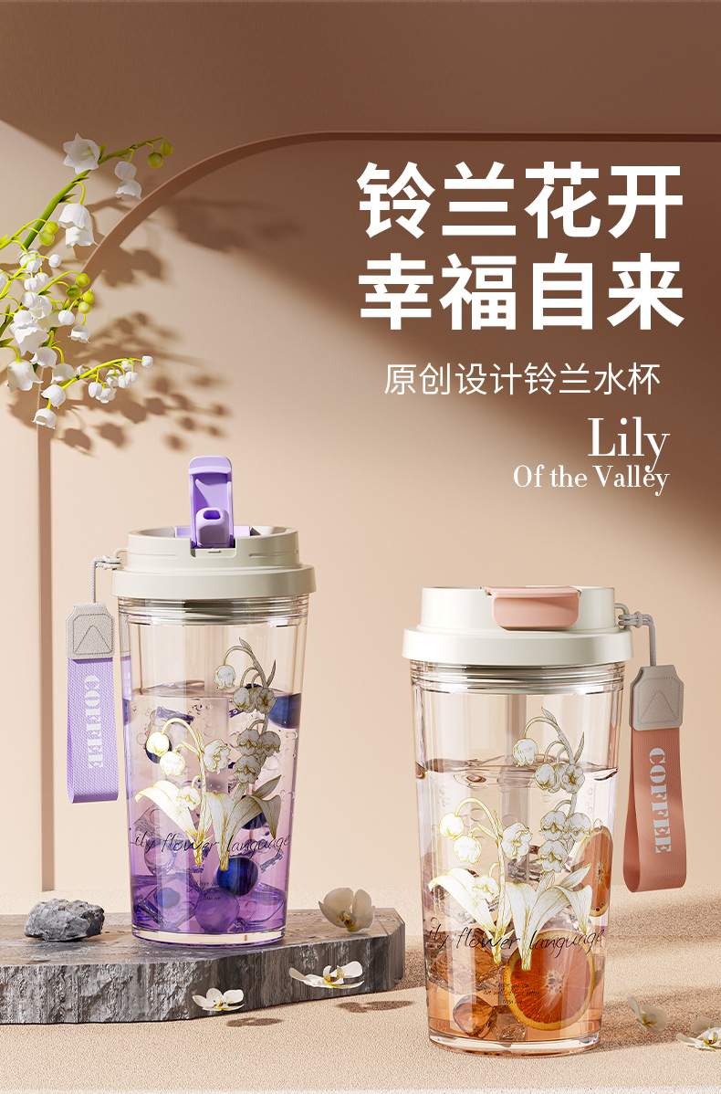 The new Lily of the bell water cup is a high-appearation-level plastic cup with a handle, a large-capacity, high-temperature resistant three-drinking straw cup for home use pic 2