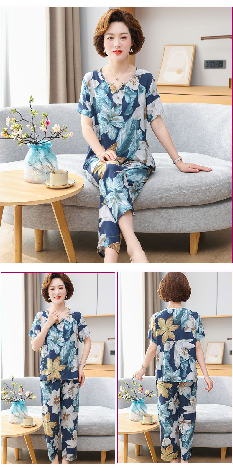 Cotton silk pajamas for women, summer short-sleeved suits, cotton silk for middle-aged and elderly mothers, large-sized artificial cotton home wear for women, suitable for wearing outside pic 9