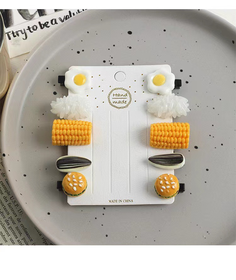 Super cute simulation food mini clips, strange hair clips, funny food, rice, poached eggs, corn and melon seed clips pic 10