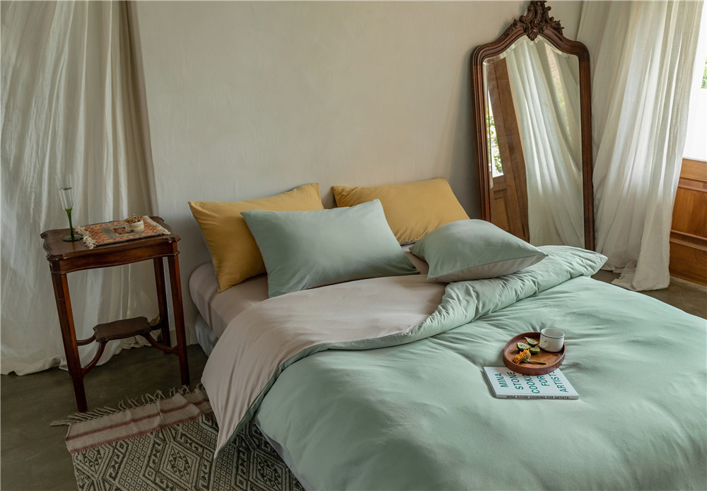 ins Japanese-style solid color all-cotton knitted cotton four-piece set, skin-friendly nude sleeping plain double-layer Indian cotton bed sheet pic 159