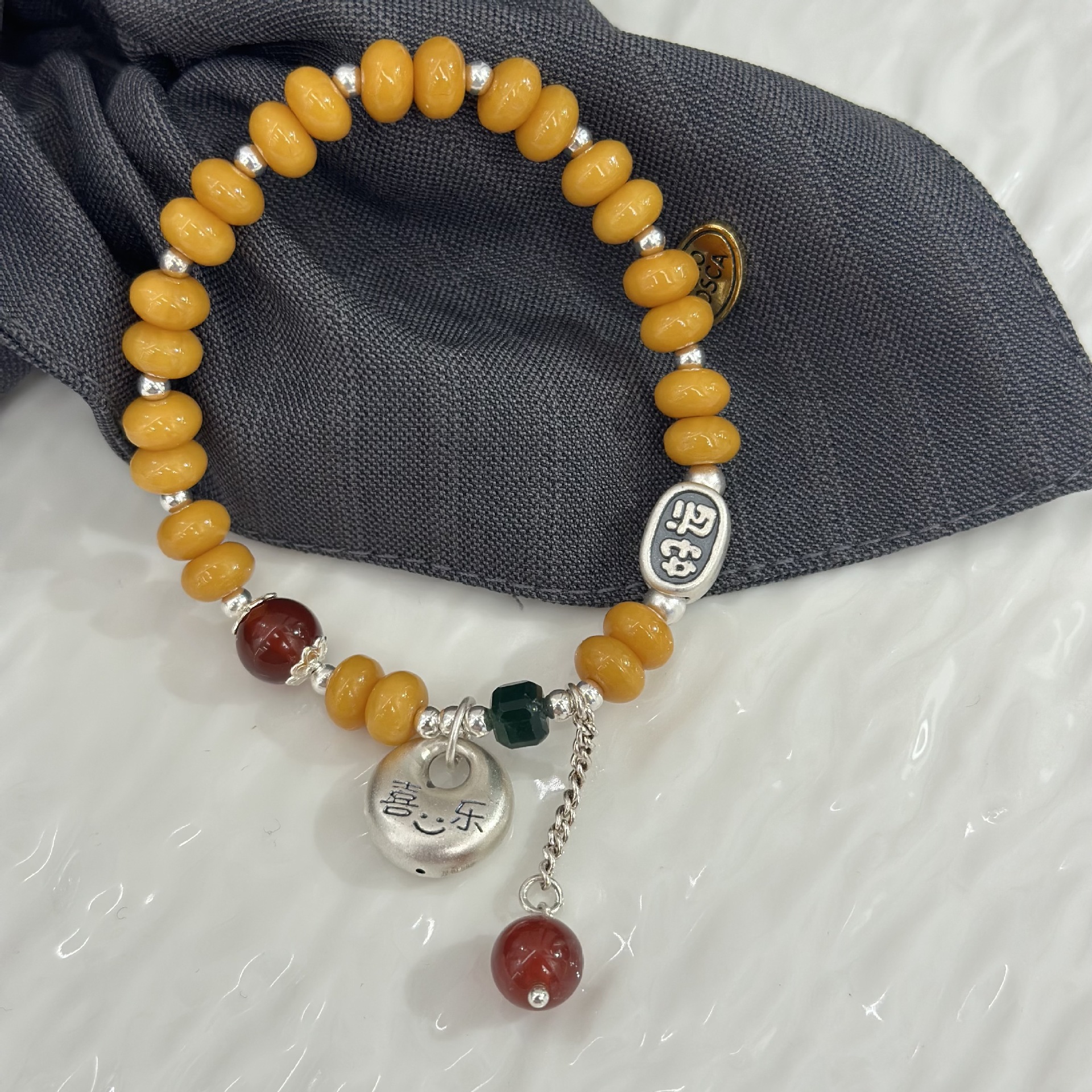 New Chinese-style S925 sterling silver Joyful Peace Buckle beeswax bracelet pic 1