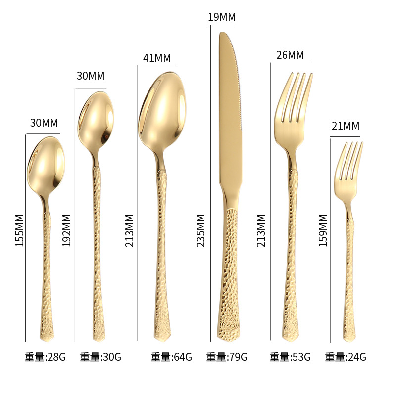 Cross-border hammer-patterned stainless steel knives, forks and spoons, high-end and light luxury dining spoons and forks, gold-plated steak knives, elegant Western dining gift tableware pic 8