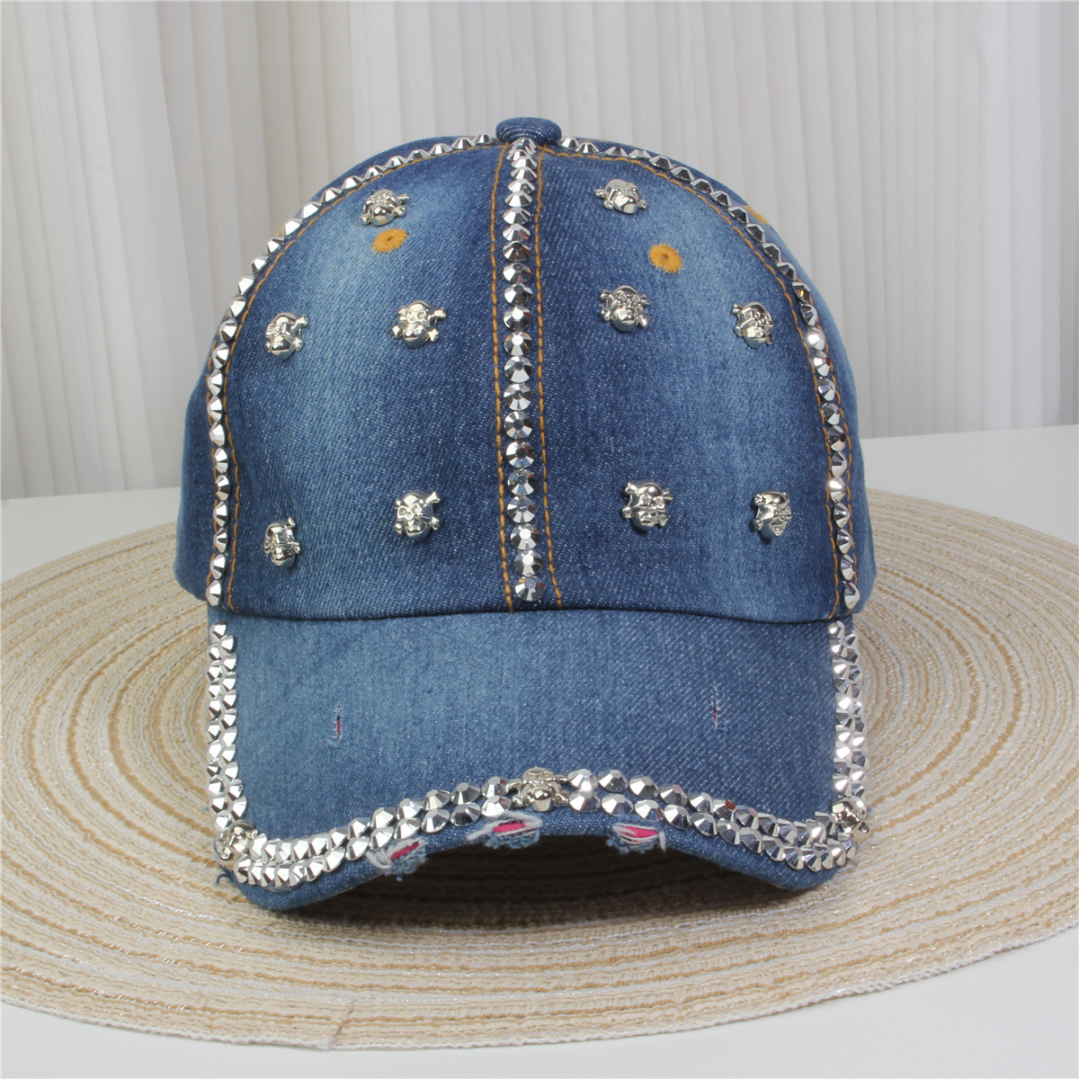 2024新款女士水钻镶钻牛仔布时尚洋气鸭舌帽休闲显脸小成人棒球帽详情6