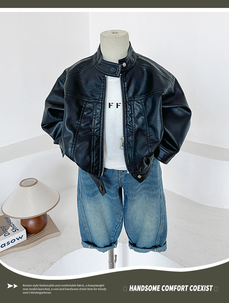 风之谷2024秋季新款童装儿童复古百搭立领夹克男女童帅气皮衣外套详情3