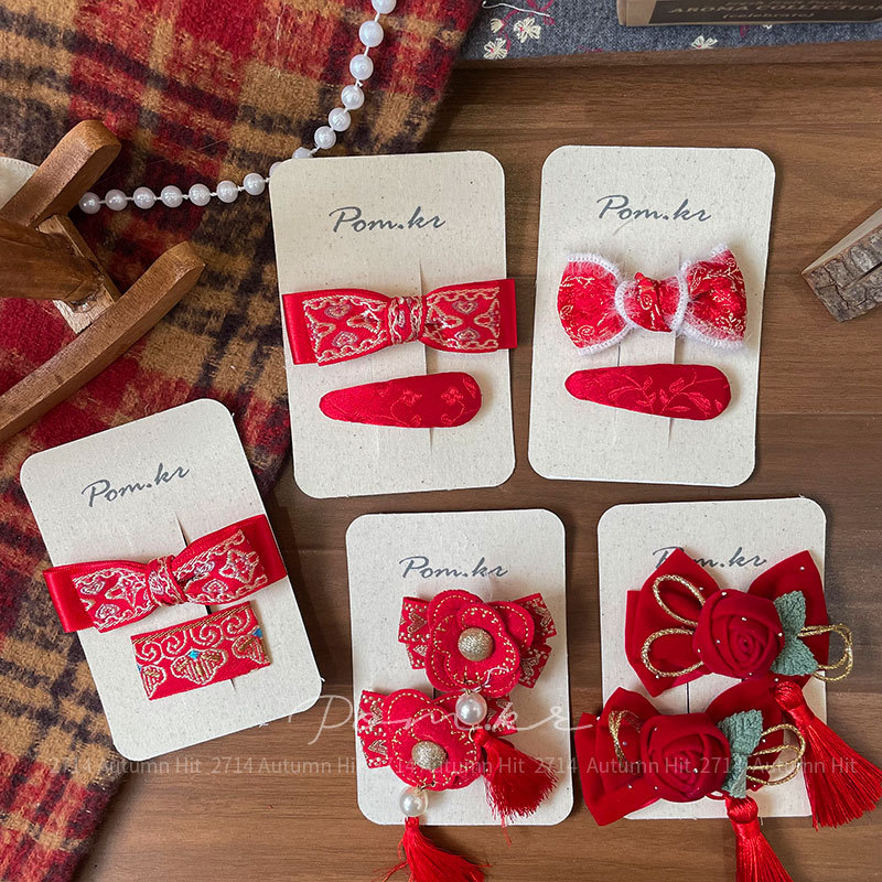 新款韩版红色系甜美蝴蝶结新年款发夹儿童布艺手工侧边碎发刘海夹pom.kr国潮醒狮龙纹红金发夹流苏珍珠装饰喜庆中式少女发饰详情3