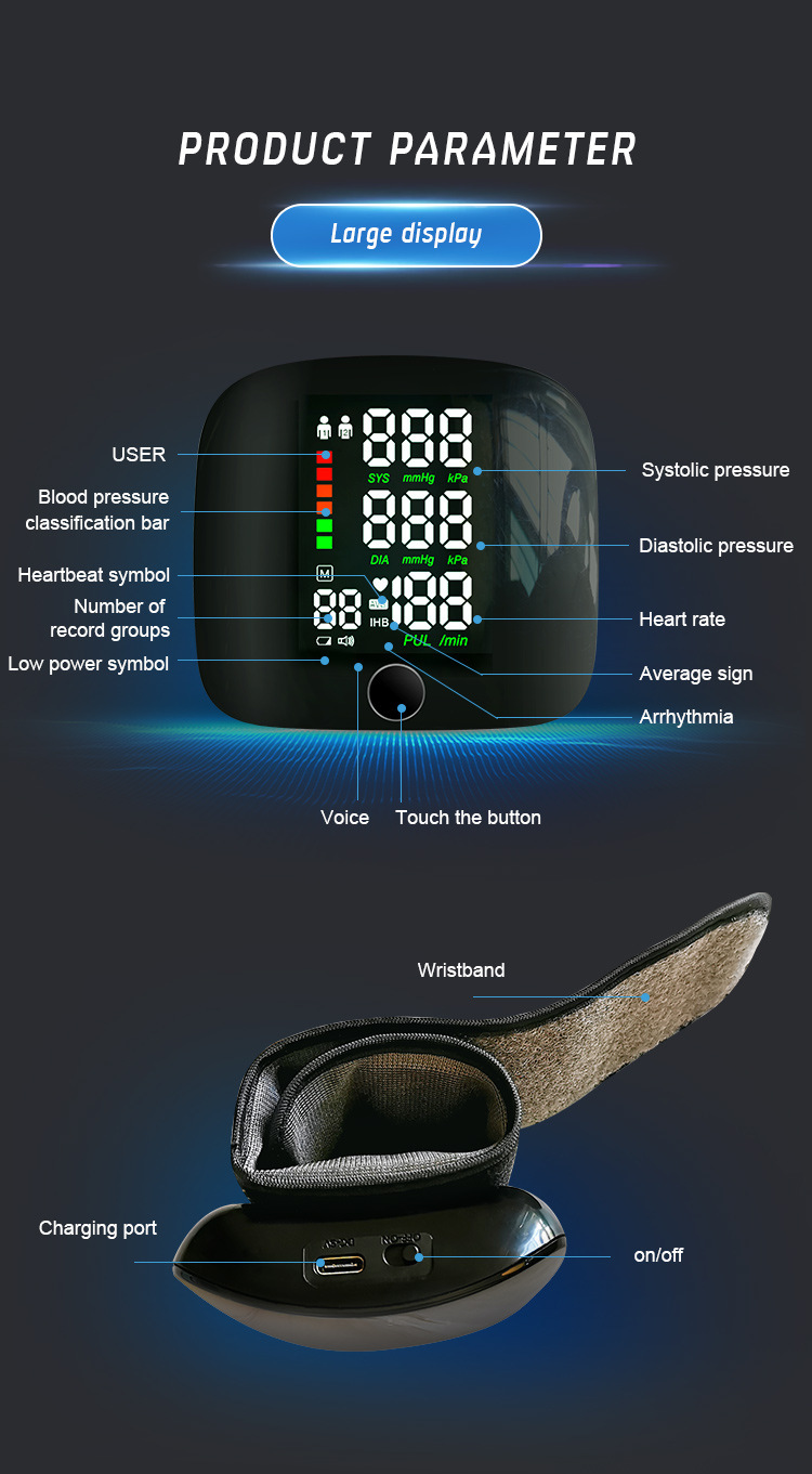 Blood pressure monitor, wrist type, wrist charging blood pressure meter, home and medical blood pressure measurement, fully automatic electronic measuring instrument, LED pic 10