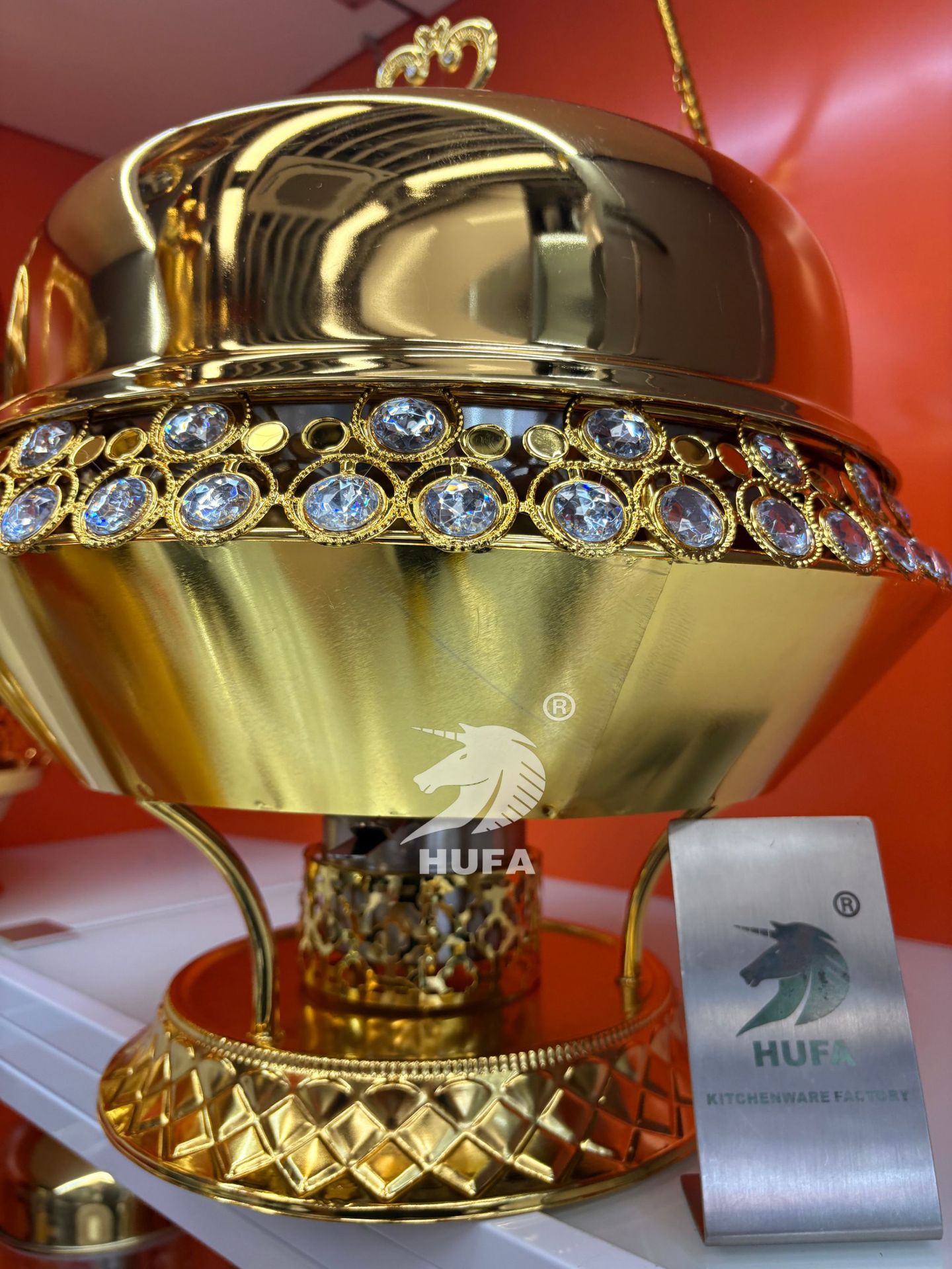 Hotel Restaurant Golden Luxury diamond-encrusted hook Stainless steel Buffet stove Hanging Chafing Dish pic 6