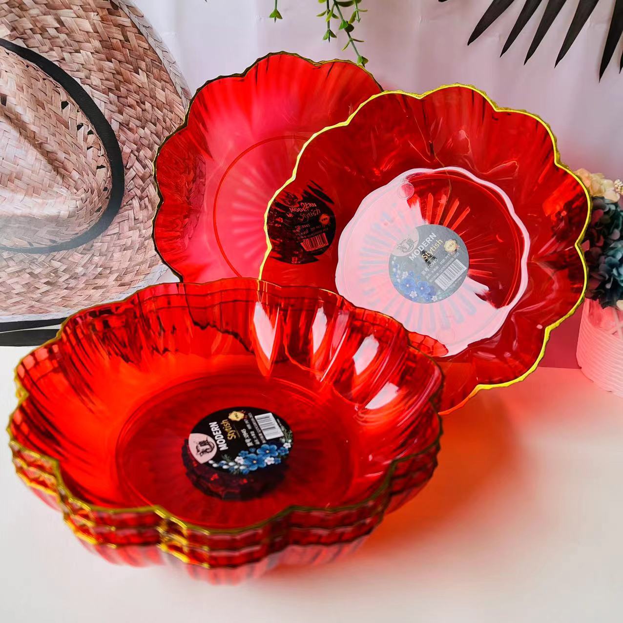 【 Districts 3-7 】0945 Golden Border Platter 5/ bag 200/ box 0945 Golden Border Fruit Platter Wedding and Housemoving Platter Dried Fruit Delight Platter Chinese Lace Red Platter Household wholesale 2 yuan pic 5