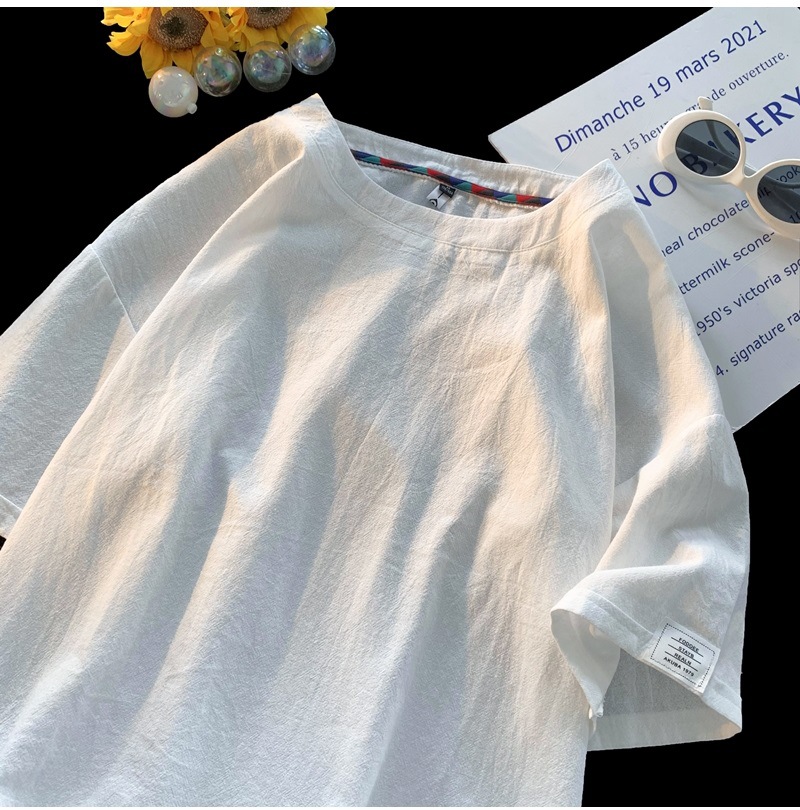 Linen short-sleeved T-shirt for men, a new summer trend. Cotton and linen half-sleeved loose solid color base layer, a trendy T-shirt top pic 15