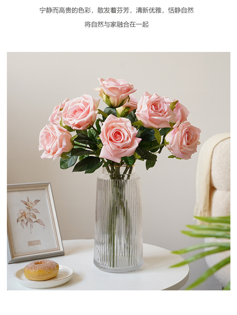 Single moisturizing rose artificial flower, Nordic simulation flower, living room dining table, TV cabinet decoration, hand feel moisturizing rose pic 22