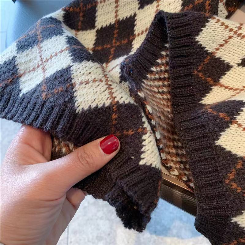 韩版毛线菱形格子围巾女秋冬季日系复古百搭保暖针织围脖学生情侣详情6