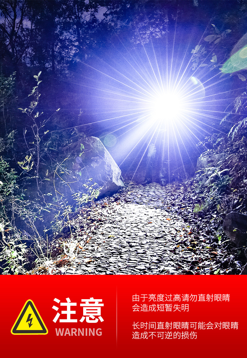 跨境强光头灯高亮激光变焦白黄双光源头灯USB充电长续航夜钓头灯详情6