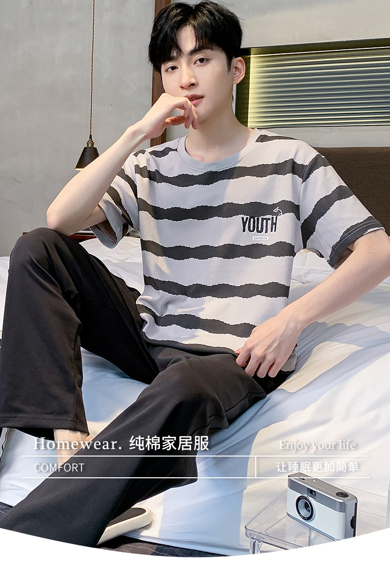 短袖长裤纯棉睡衣男士韩版宽松休闲简约夏天薄款中青年家居服套装详情1