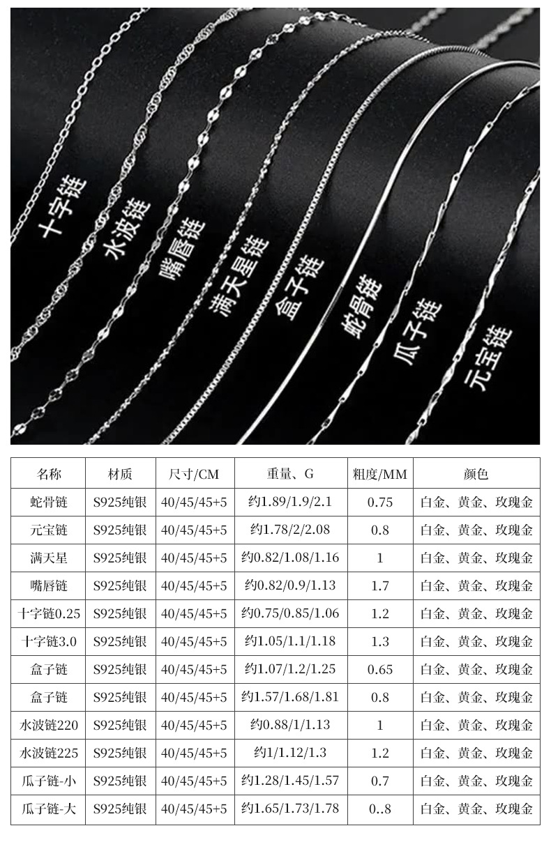 S925纯银配链十字链盒子水波嘴唇元宝蛇骨瓜子满天星项链厂家批发详情5