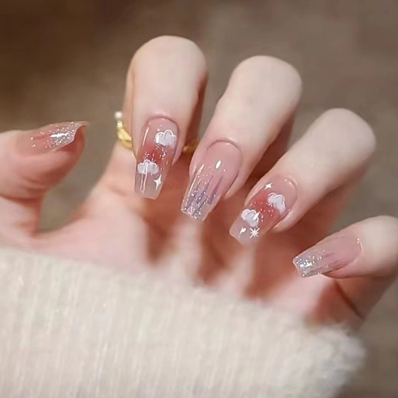 Wearable nail stickers, ballet nails, ice-transparent, shiny cloud nail plates, artificial nails, detachable finished nail pic 37