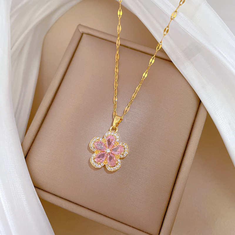 【钛钢】五叶花朵项链耳环套装轻奢微镶个性气质宴会耳饰项饰组合详情19