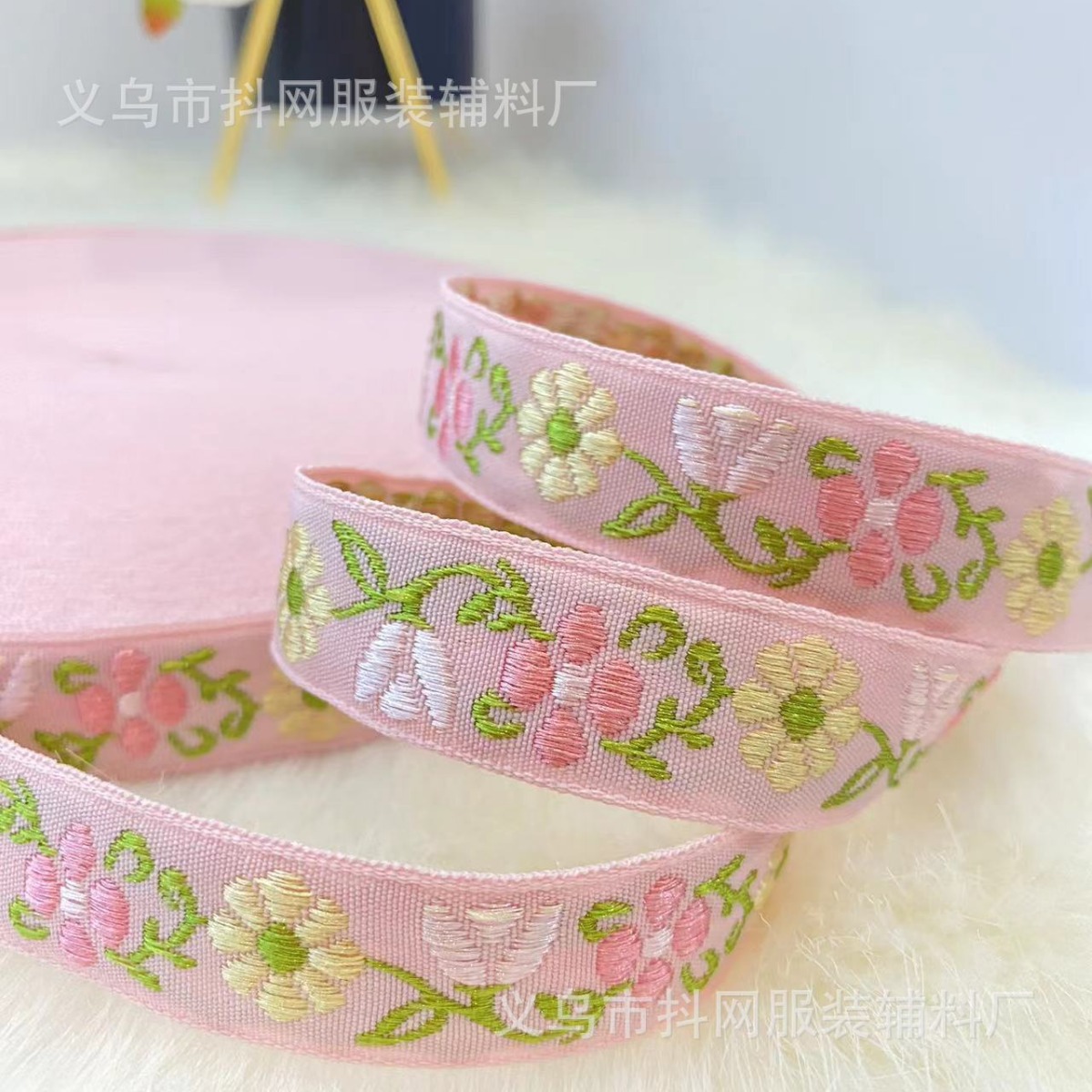 1.8cm Ethnic-style embroidered jacquard webbing DIY flower bow hair accessory border strap Nylon lustrous silk webbing pic 5