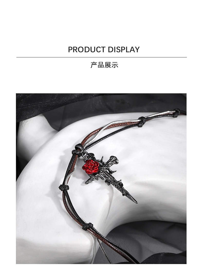 Dark Gothic style red rose entwined cross pendant necklace with a unique female design sense, black woven collarbone chain pic 10