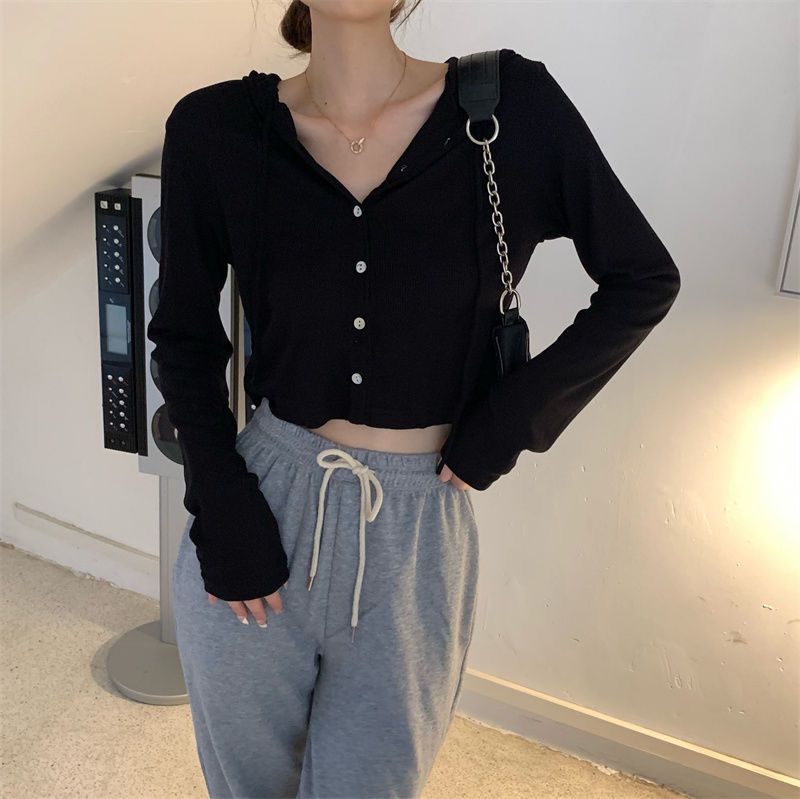 软糯连帽长袖开衫短外套女2023新款秋季懒惰风修身短款打底衫上衣详情9