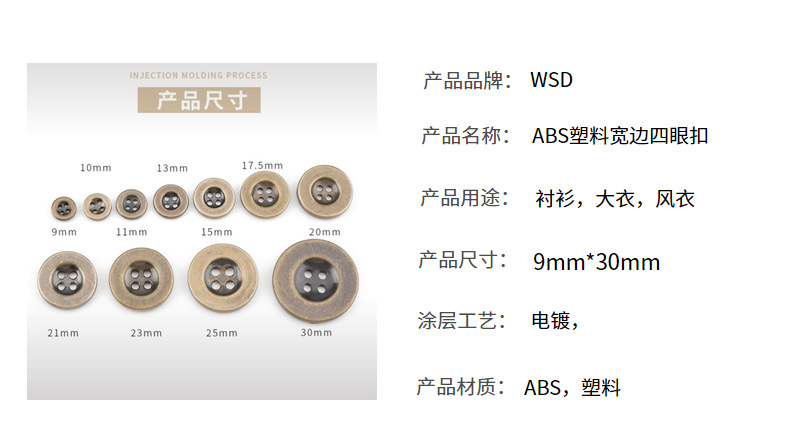 厂家现货ABS圆形服装塑料纽扣四眼宽边纽扣可做欧洲环保扣子详情3