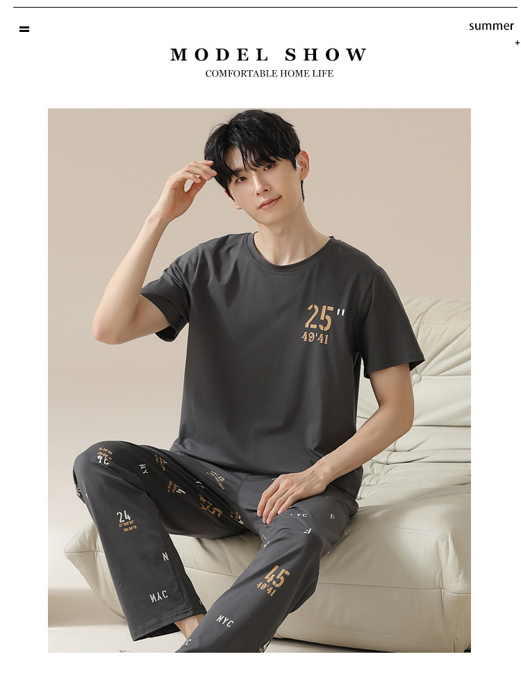 Summer pure cotton pajamas for men, cartoon casual short-sleeved shirts and long pants, pure cotton comfortable home wear, summer youth student set pic 149