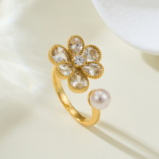 A light luxury and high-end grey pearl camellia open ring, a copper alloy slightly inlaid zircon adjustable index finger ring pic 5