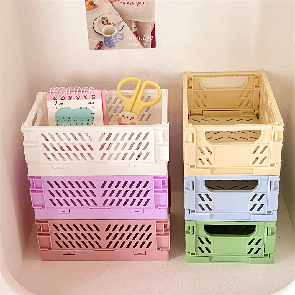 Tengyi mini caja de almacenamiento de plástico plegable organizador de mesa de estudiante tienda de mano cinta de papelería cesta plegable cesta de objetos pic 11