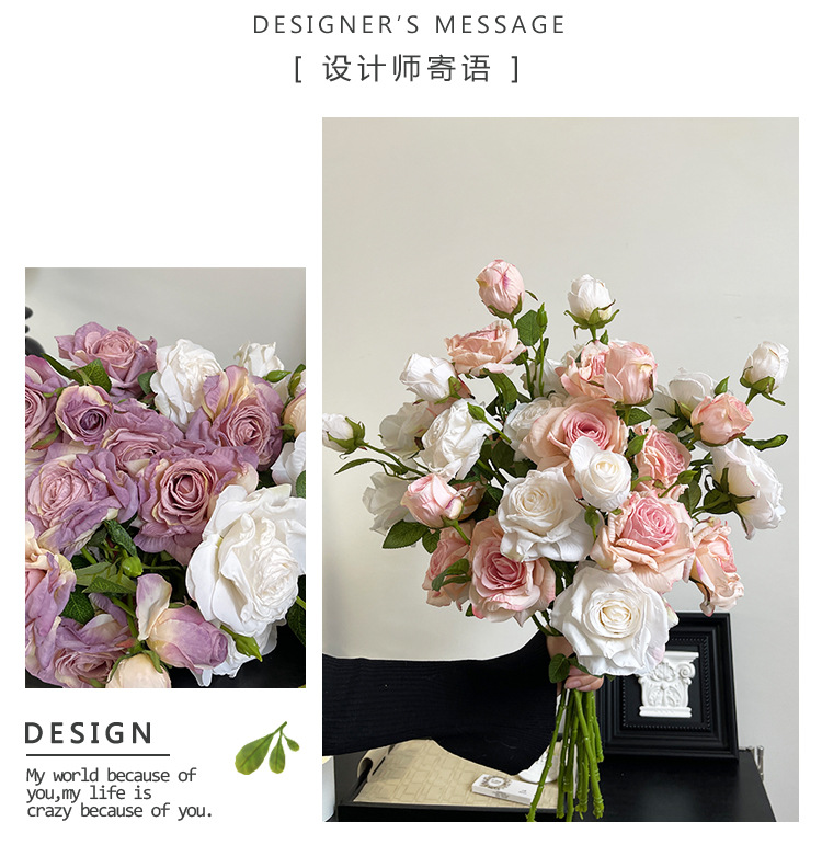 法式复古油画焦边玫瑰高级仿真手捧花束多头假花婚礼拍摄仿生干花详情4