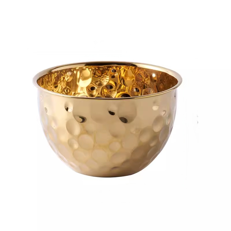Retro stainless steel creative fruit dessert outdoor camping patterned hammer patterned soup bowl golden light luxury bowl European salad bowl pic 2