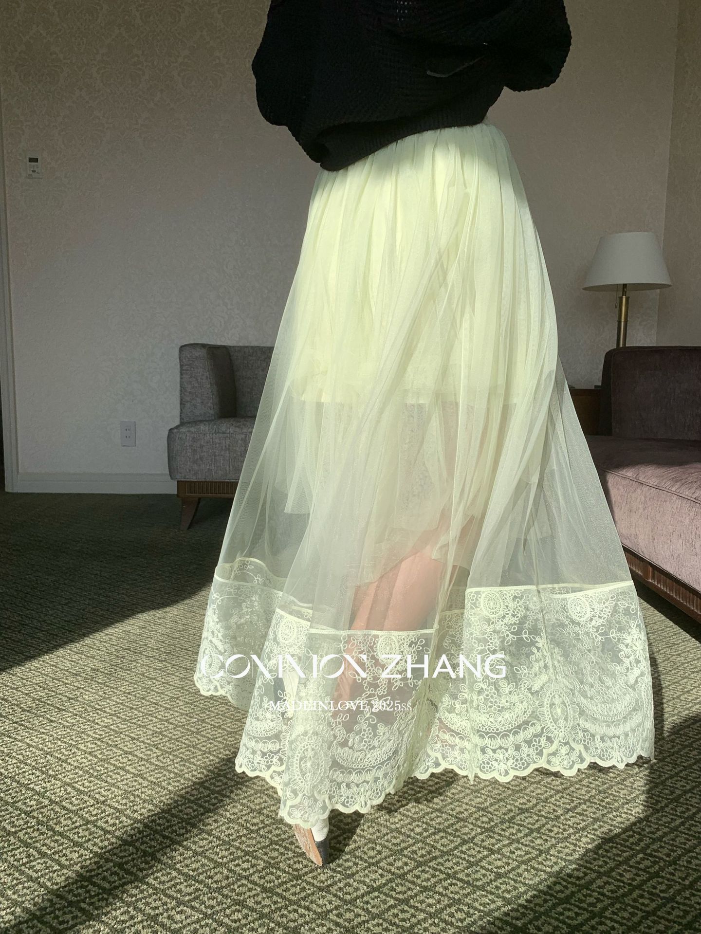 CZ ZHANG韩版网纱蕾丝拼接层次感微透高腰显瘦a字半身裙女B12103详情39