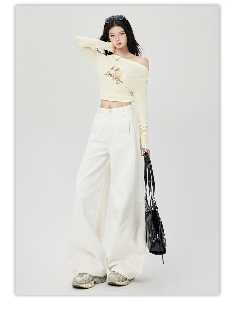 橙绢女装#美式复古压褶阔腿弯刀裤春季新款浅卡其高腰显瘦牛仔裤详情17
