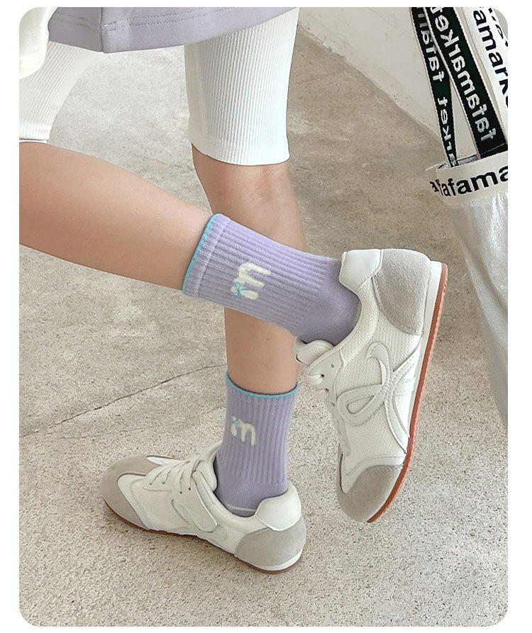 春秋季女童袜子多巴胺运动精梳棉无骨儿童袜子中筒字母蝴蝶结潮袜详情21