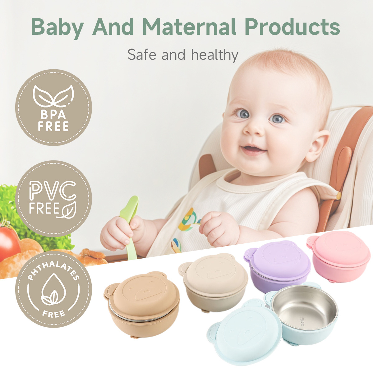 食品级硅胶婴儿辅食熊猫碗不锈钢宝宝餐具耐高温带盖婴童保温饭盒详情4