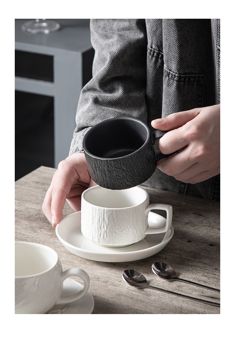 高颜值黑白陶瓷杯碟套装轻奢质感咖啡牛奶早餐下午茶岩石头纹杯子详情10